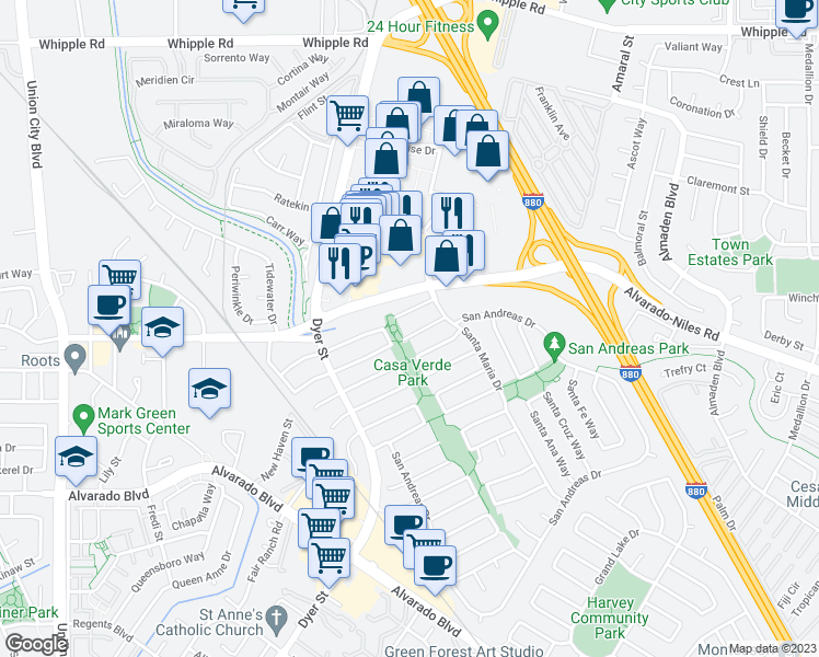 map of restaurants, bars, coffee shops, grocery stores, and more near 3131 San Ramon Court in Union City