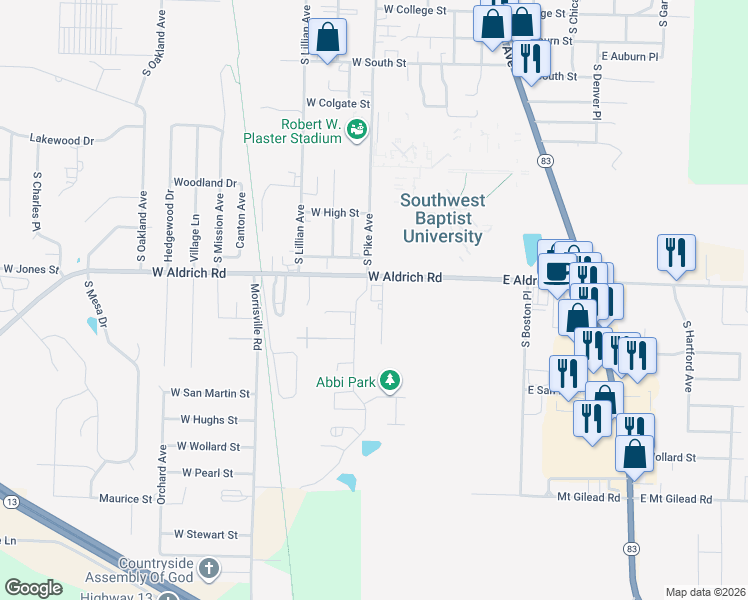 map of restaurants, bars, coffee shops, grocery stores, and more near 274-298 West Aldrich Road in Bolivar