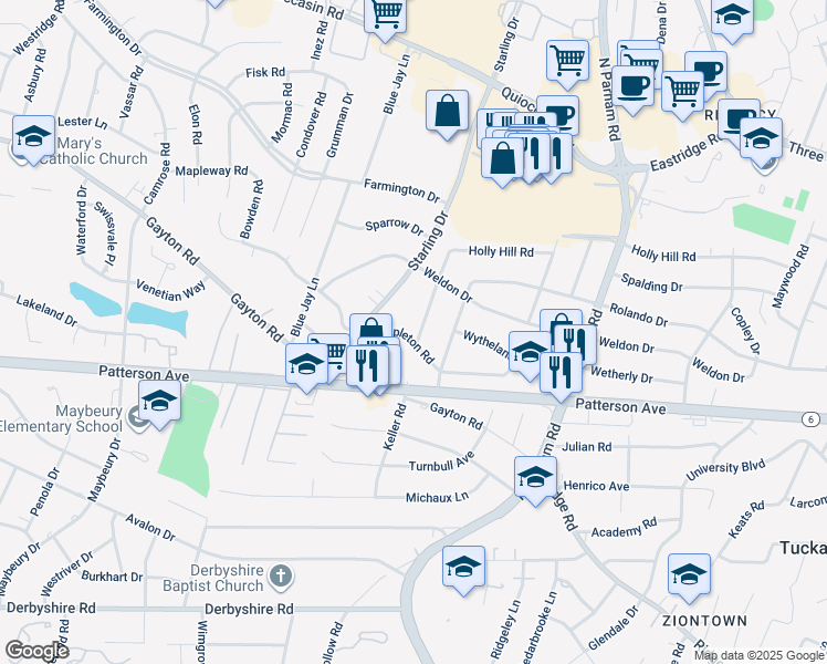 map of restaurants, bars, coffee shops, grocery stores, and more near 1200 Rosecroft Road in Richmond