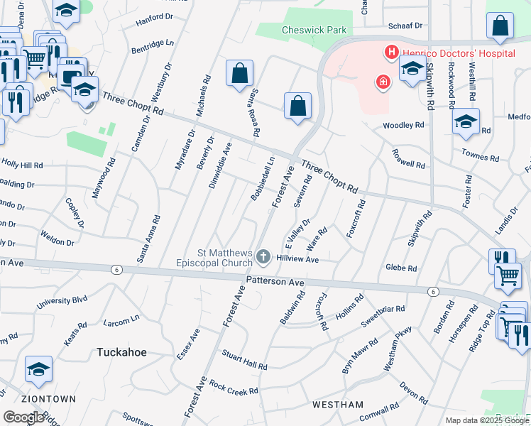 map of restaurants, bars, coffee shops, grocery stores, and more near 1306 Forest Avenue in Richmond