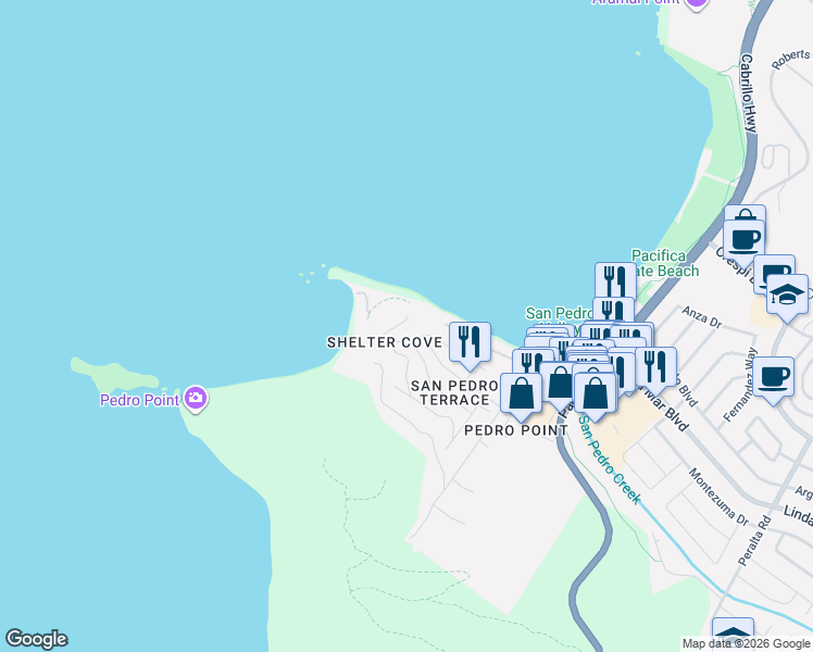 map of restaurants, bars, coffee shops, grocery stores, and more near 130 Blackburn Terrace in Pacifica