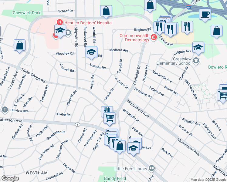 map of restaurants, bars, coffee shops, grocery stores, and more near 1405 Landis Drive in Richmond