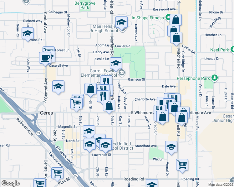 map of restaurants, bars, coffee shops, grocery stores, and more near 2132 Eloise Avenue in Ceres