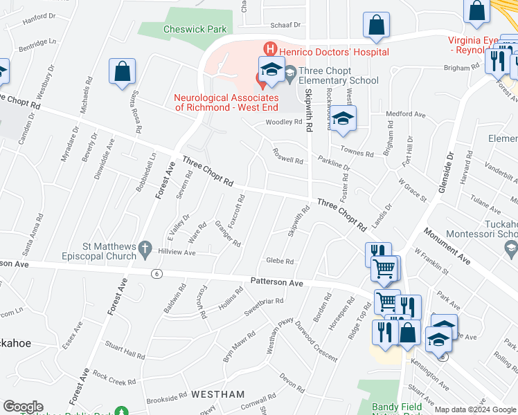 map of restaurants, bars, coffee shops, grocery stores, and more near 1215 Hillside Avenue in Henrico
