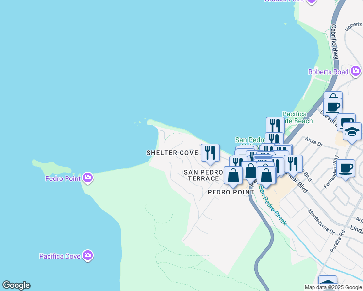 map of restaurants, bars, coffee shops, grocery stores, and more near 130 Blackburn Terrace in Pacifica