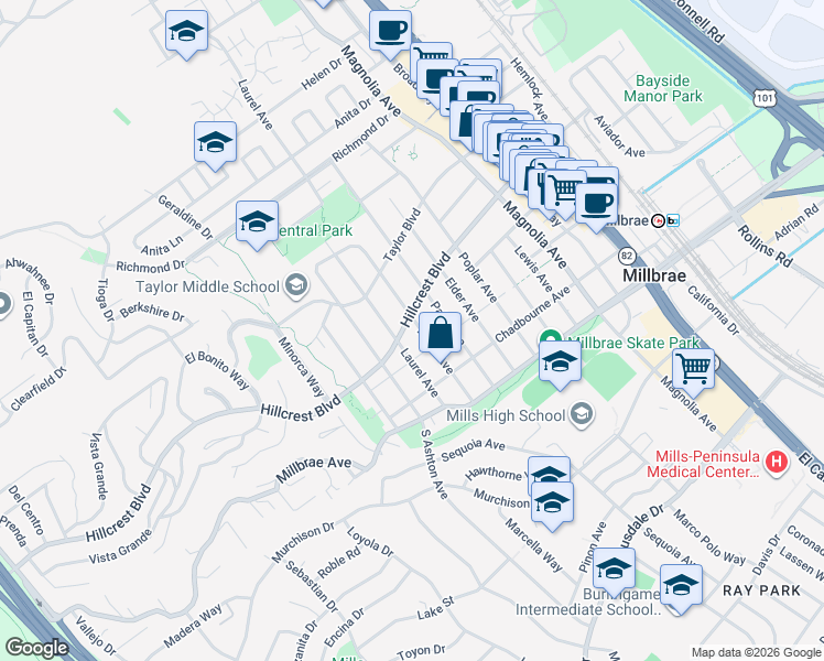 map of restaurants, bars, coffee shops, grocery stores, and more near 611 Hillcrest Boulevard in Millbrae