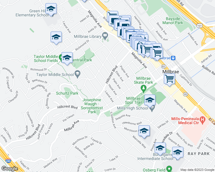 map of restaurants, bars, coffee shops, grocery stores, and more near 611 Hillcrest Boulevard in Millbrae