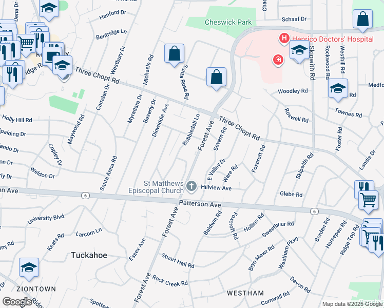 map of restaurants, bars, coffee shops, grocery stores, and more near 1306 Forest Avenue in Richmond
