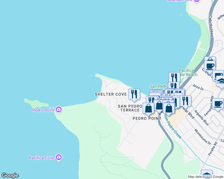 map of restaurants, bars, coffee shops, grocery stores, and more near 1 Blackburn Terrace in Pacifica