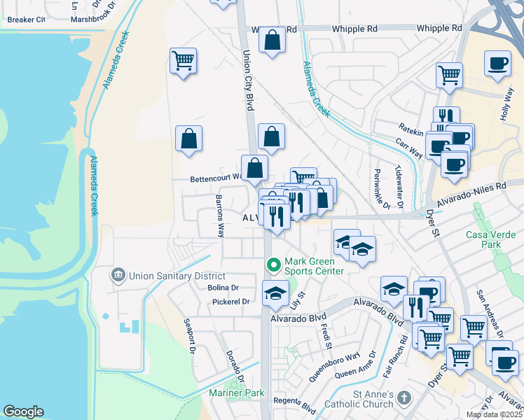 map of restaurants, bars, coffee shops, grocery stores, and more near 30725 Union City Boulevard in Union City