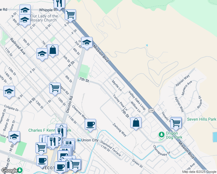 map of restaurants, bars, coffee shops, grocery stores, and more near 34237 Torrey Pine Lane in Union City