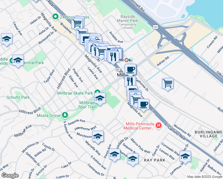 map of restaurants, bars, coffee shops, grocery stores, and more near 10 Magnolia Avenue in Millbrae