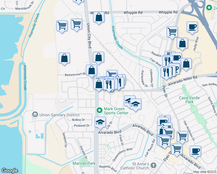 map of restaurants, bars, coffee shops, grocery stores, and more near 30971 Watkins Street in Union City