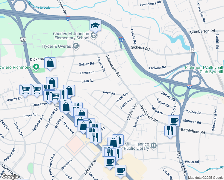 map of restaurants, bars, coffee shops, grocery stores, and more near 2416 Reed Road in Richmond