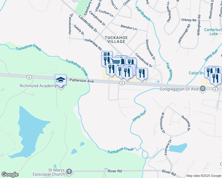 map of restaurants, bars, coffee shops, grocery stores, and more near 1009 Westbriar Drive in Richmond