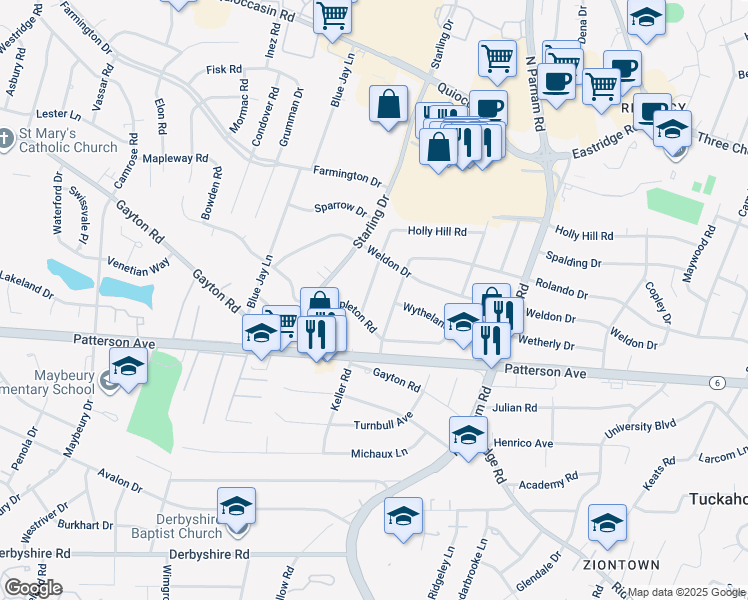map of restaurants, bars, coffee shops, grocery stores, and more near 1205 Rosecroft Road in Richmond