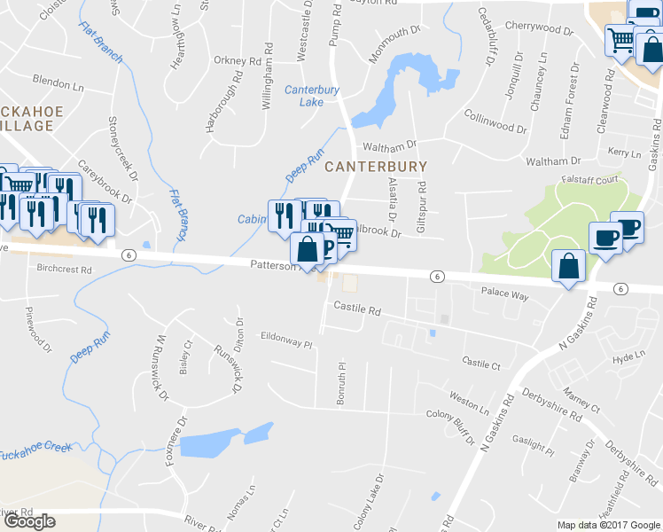 map of restaurants, bars, coffee shops, grocery stores, and more near 10614 Patterson Ave in Henrico