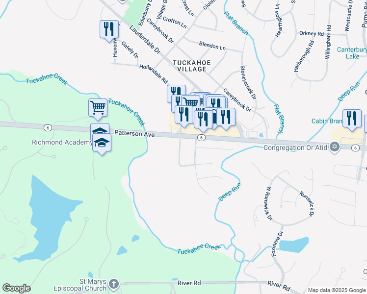 map of restaurants, bars, coffee shops, grocery stores, and more near 1009 Westbriar Drive in Richmond