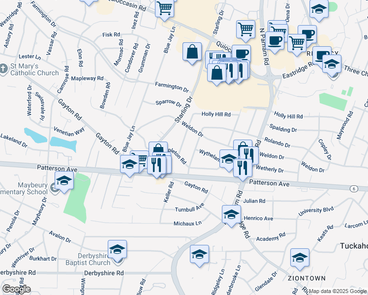map of restaurants, bars, coffee shops, grocery stores, and more near 1205 Rosecroft Road in Richmond