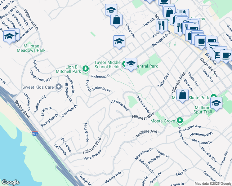 map of restaurants, bars, coffee shops, grocery stores, and more near 617 Clearfield Drive in Millbrae
