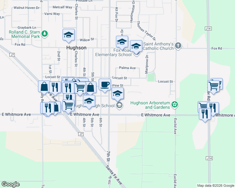 map of restaurants, bars, coffee shops, grocery stores, and more near 7498 Hughson Avenue in Hughson
