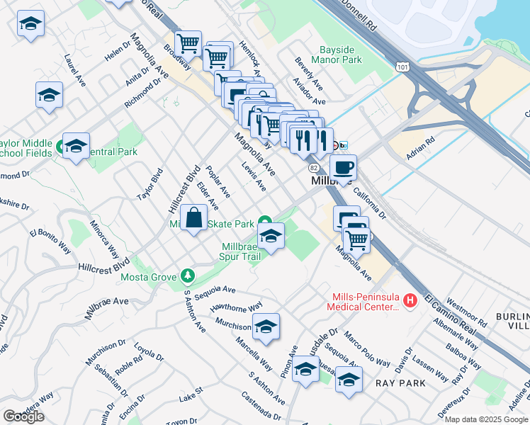 map of restaurants, bars, coffee shops, grocery stores, and more near 85 Lewis Avenue in Millbrae