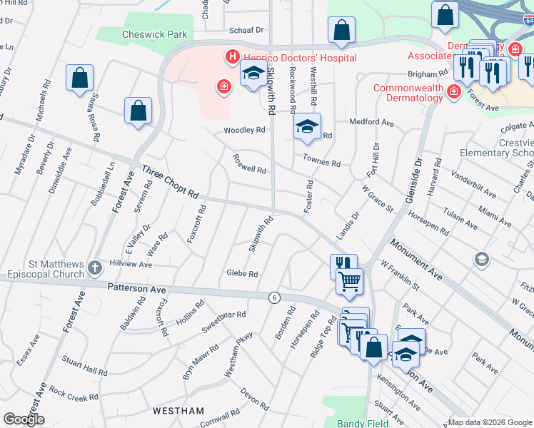 map of restaurants, bars, coffee shops, grocery stores, and more near 7500 Three Chopt Road in Richmond