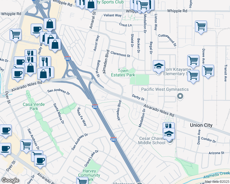 map of restaurants, bars, coffee shops, grocery stores, and more near 2426 Balmoral Street in Union City