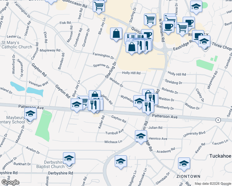 map of restaurants, bars, coffee shops, grocery stores, and more near 1211 Rosecroft Road in Richmond