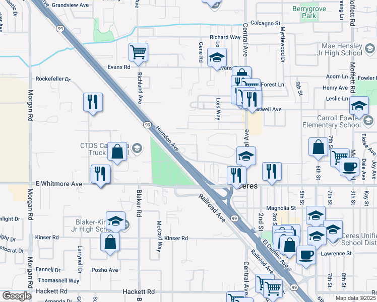 map of restaurants, bars, coffee shops, grocery stores, and more near 1909 Ploutz Road in Ceres