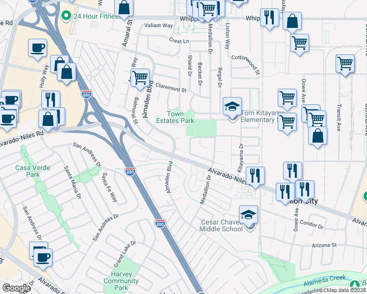 map of restaurants, bars, coffee shops, grocery stores, and more near 32244 Derby Street in Union City