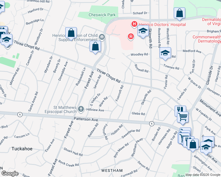 map of restaurants, bars, coffee shops, grocery stores, and more near 1405 Chowan Road in Richmond