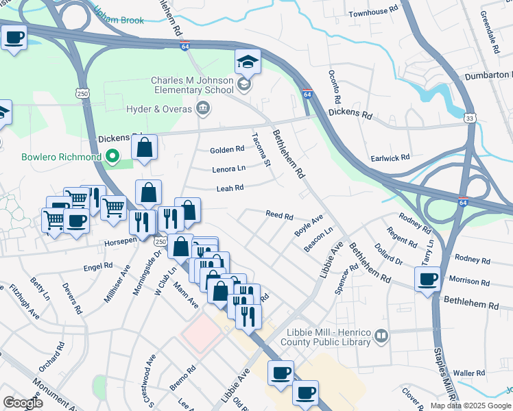 map of restaurants, bars, coffee shops, grocery stores, and more near 2330 Reed Road in Richmond