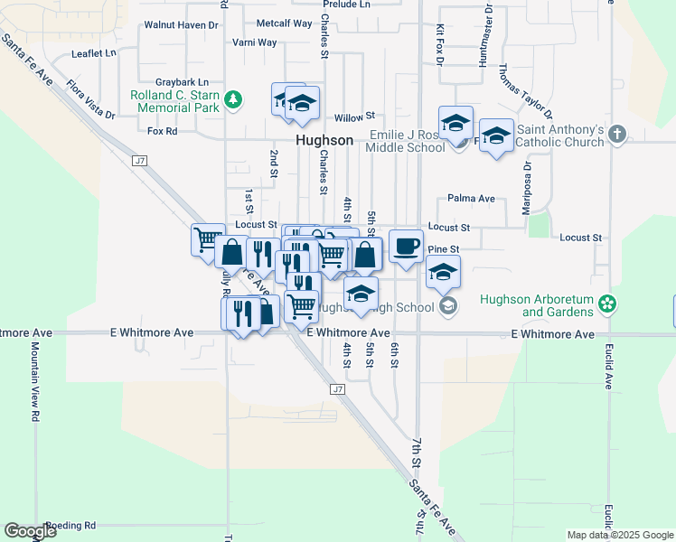 map of restaurants, bars, coffee shops, grocery stores, and more near 2306 4th Street in Hughson