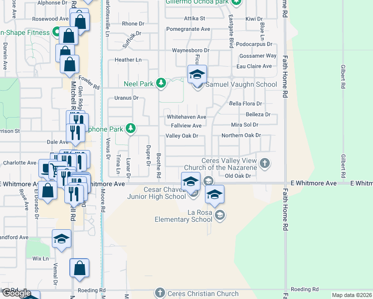 map of restaurants, bars, coffee shops, grocery stores, and more near 3641 Whispering Oak Drive in Ceres