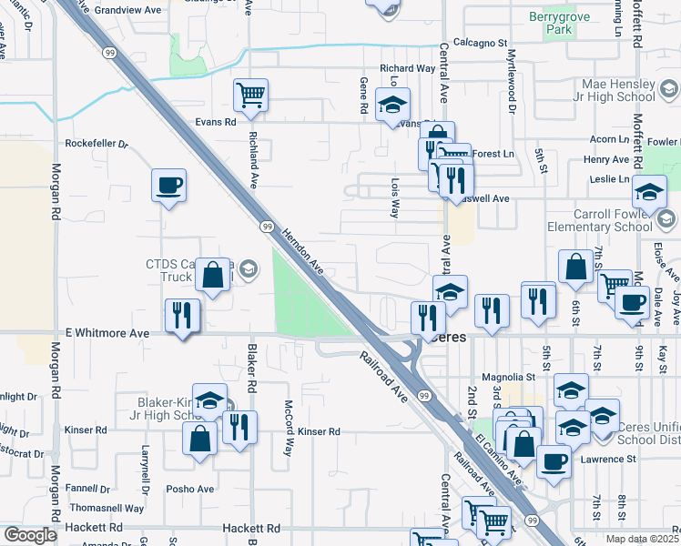 map of restaurants, bars, coffee shops, grocery stores, and more near 1909 Ploutz Road in Ceres