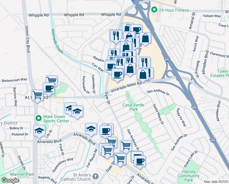 map of restaurants, bars, coffee shops, grocery stores, and more near 32450 Dyer Street in Union City