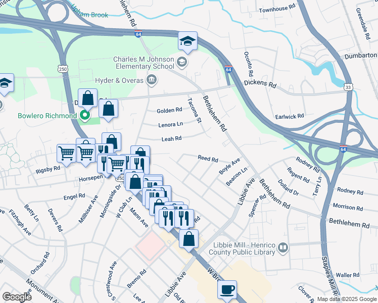 map of restaurants, bars, coffee shops, grocery stores, and more near 2330 Reed Road in Richmond