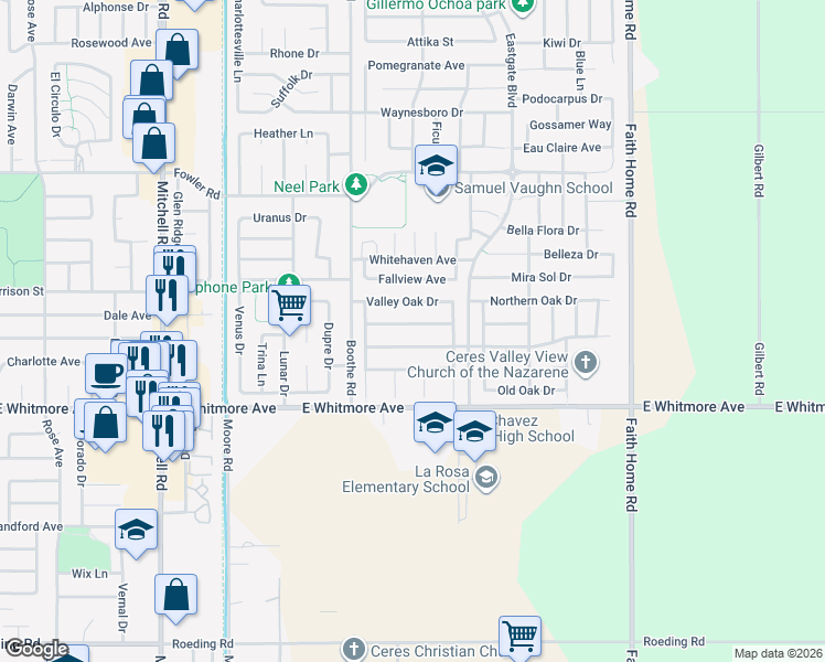 map of restaurants, bars, coffee shops, grocery stores, and more near 3641 Whispering Oak Drive in Ceres
