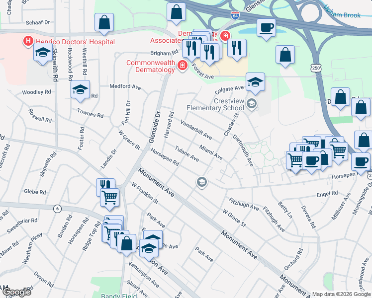 map of restaurants, bars, coffee shops, grocery stores, and more near 7001 Miami Avenue in Richmond