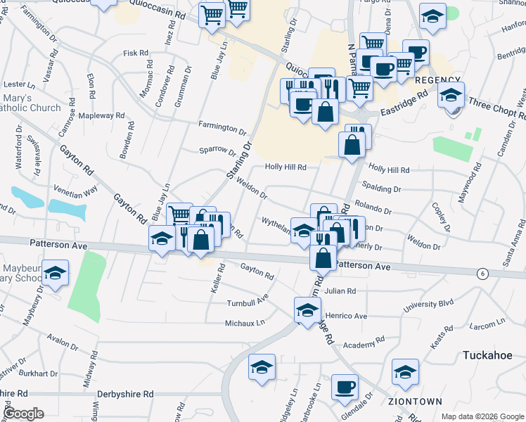 map of restaurants, bars, coffee shops, grocery stores, and more near 8719 Weldon Drive in Richmond