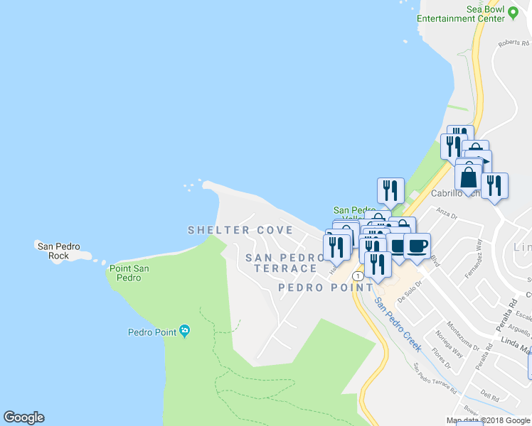 map of restaurants, bars, coffee shops, grocery stores, and more near 106-60, 109-63 Shelter Cove in Pacifica
