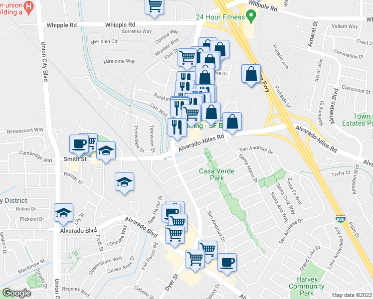 map of restaurants, bars, coffee shops, grocery stores, and more near 32450 Dyer Street in Union City