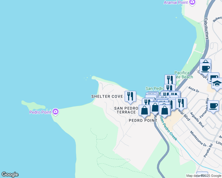 map of restaurants, bars, coffee shops, grocery stores, and more near 1 Blackburn Terrace in Pacifica