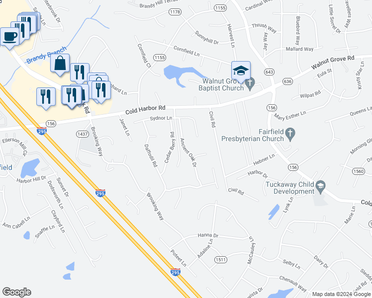 map of restaurants, bars, coffee shops, grocery stores, and more near 7230 Ancient Oak Lane in Mechanicsville