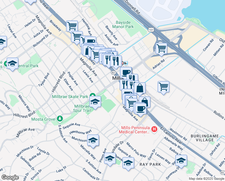 map of restaurants, bars, coffee shops, grocery stores, and more near 88 South Broadway in Millbrae
