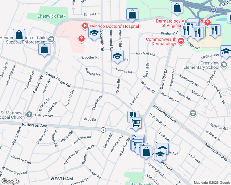 map of restaurants, bars, coffee shops, grocery stores, and more near 7404 Three Chopt Road in Richmond