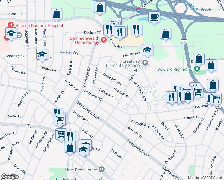 map of restaurants, bars, coffee shops, grocery stores, and more near 6915 Miami Avenue in Richmond