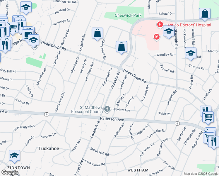 map of restaurants, bars, coffee shops, grocery stores, and more near 1314 Forest Avenue in Richmond