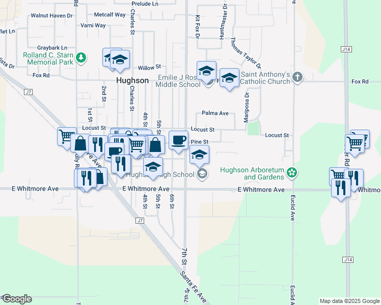 map of restaurants, bars, coffee shops, grocery stores, and more near 2318 7th Street in Hughson